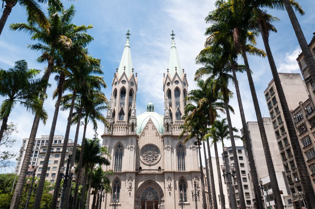 old cathedral with palm trees in front