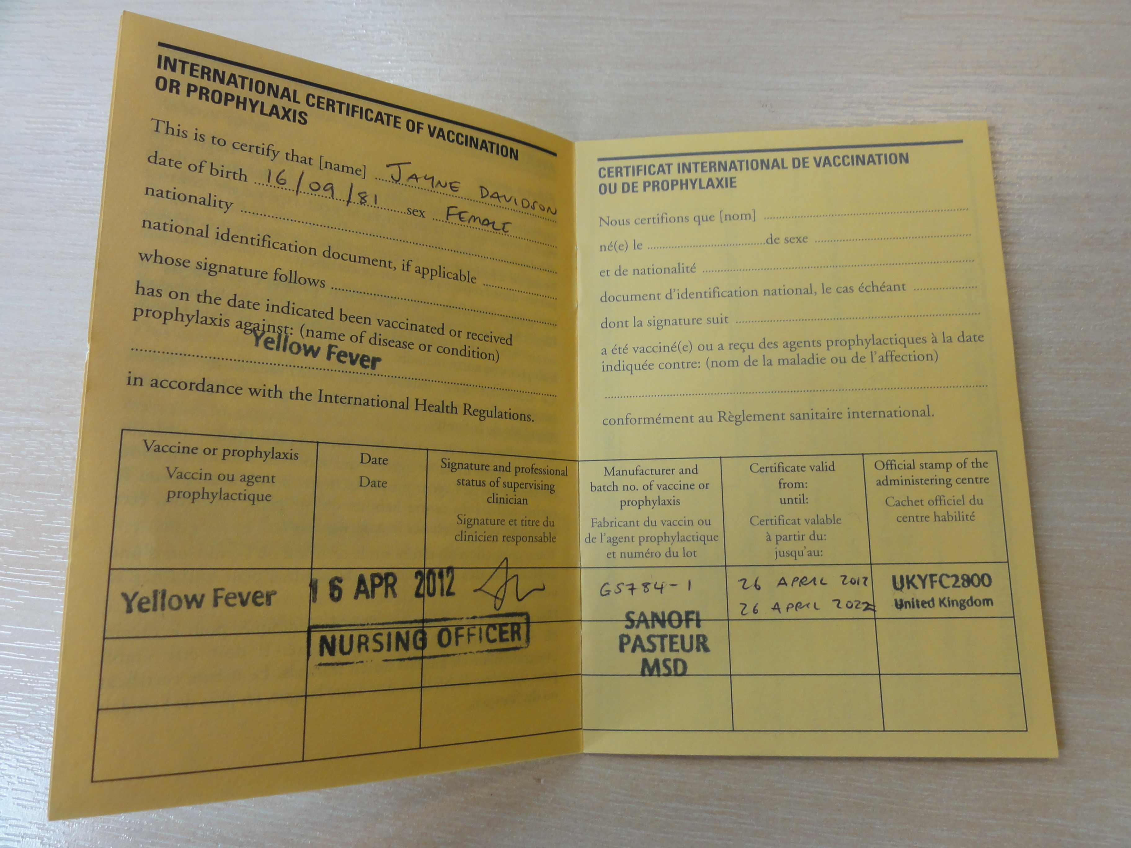 Yellow Fever Vaccination Certificate